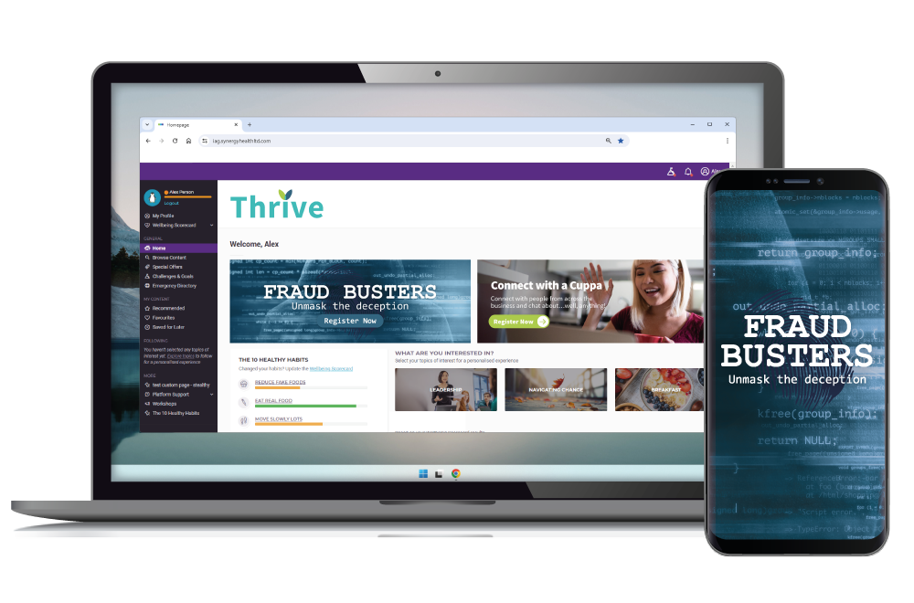 The Fraud Busters challenge inside the Thrive platform on laptop and phone