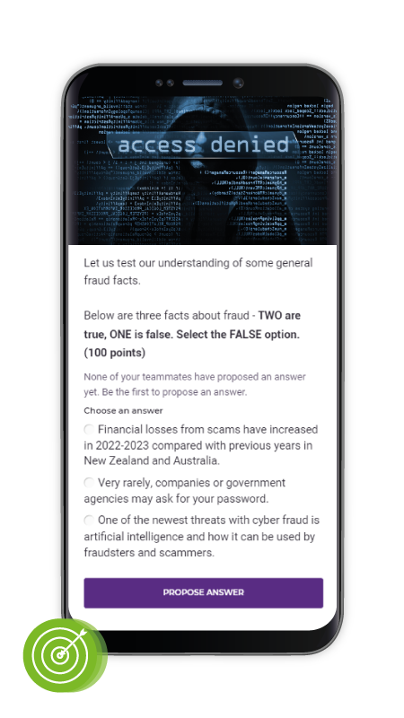 A Fraud Busters quiz screen on a phone