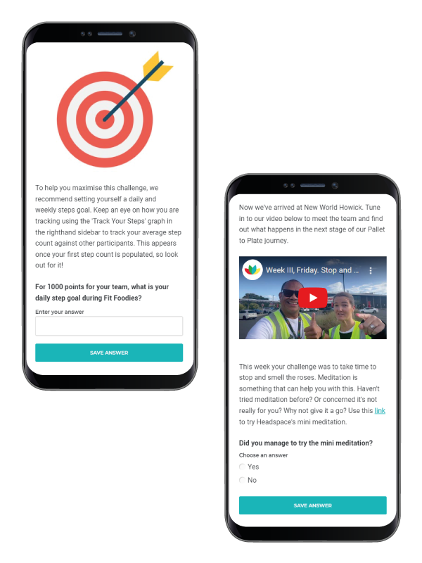 Fit Foodies challenge activities and results on phone screens